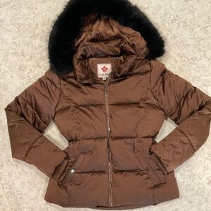 Brown Down Puffer Jacket with Faux Fur Hood